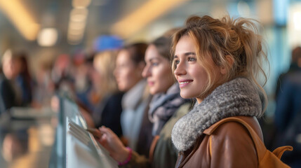 A telephoto angle photo of people lined up at a bank, engaging in friendly conversation, with copy space