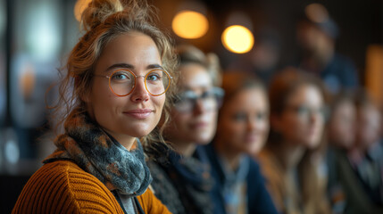 A telephoto angle photo of participants at a workshop, sitting in a queue and sharing thoughts, with copy space