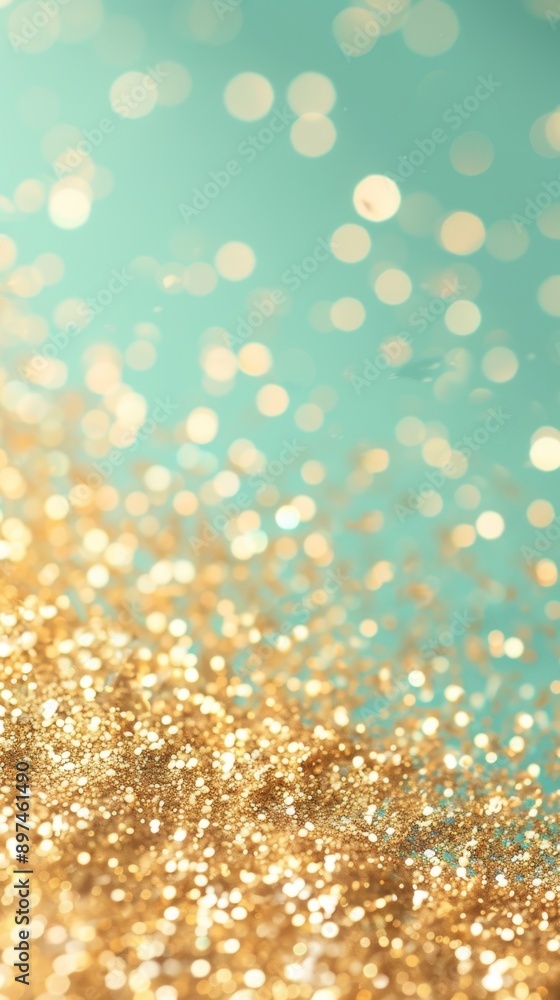 Poster golden glitter is sprinkled on a teal surface, creating a sparkling bokeh effect. this festive backg
