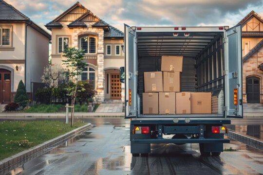 Delivery truck unloading boxes in front of a modern home on a rainy day, showcasing residential logistics and moving service.
