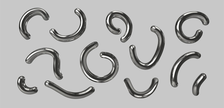 Chrome metal y2k abstract shape. Silver 3d line curve element on black background. Futuristic pattern. Graphic fluid chrome element for trendy cyberpunk design. Vector illustration
