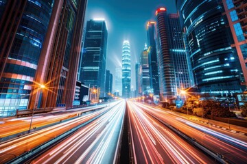 Vibrant cityscape at night, showcasing sleek skyscrapers and dynamic light trails from moving...