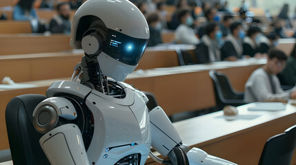 A robot sits attentively in a modern classroom, symbolizing the integration of artificial intelligence and education in the future.