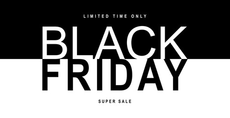 Black Friday Sale banner. Modern minimal design with black and white typography. Template for promotion, advertising, web, social and fashion ads. Vector illustration.