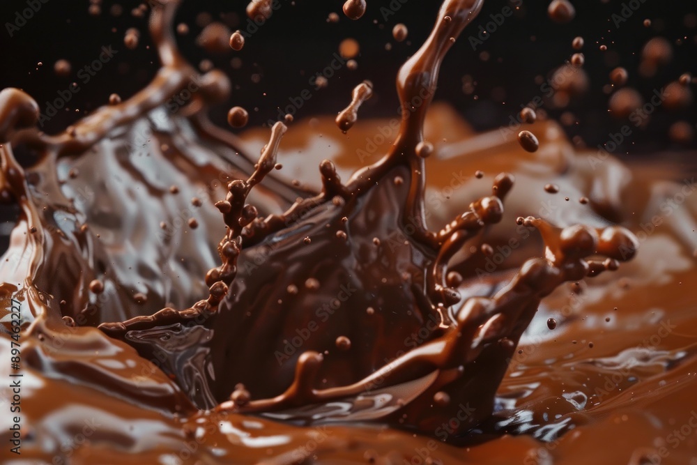 Poster liquid dark chocolate is flowing and creating splashes on brown background