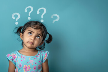 A little Indian Gorgious girl thinking with question marks floating above her head on a light blue background