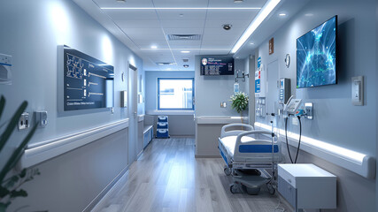 Fototapeta premium A patient room with a wall-mounted touchscreen for signing consent forms, demonstrating the integration of digital solutions in healthcare. Generative AI.