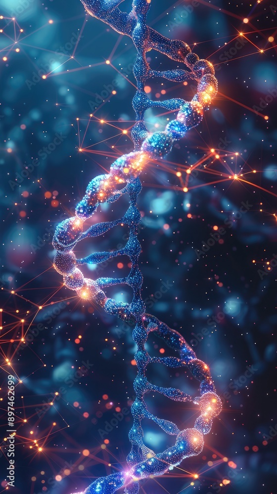 Leinwandbilder A futuristic DNA double helix intertwined with glowing AI neural network patterns, representing the integration of artificial intelligence in bioinformatics, vibrant colors. Generative AI.
