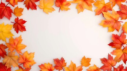 A frame of orange and yellow autumn maple leaves isolated on white background.