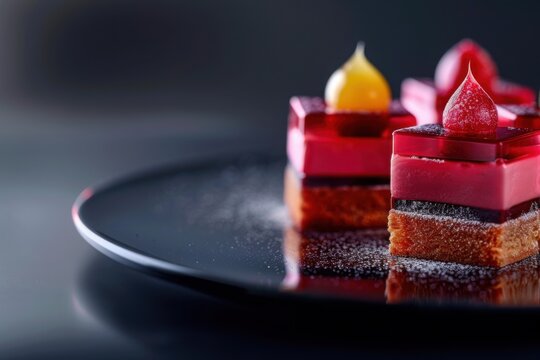 Geometric plating of petit fours, minimalist dessert presentation, with copy space