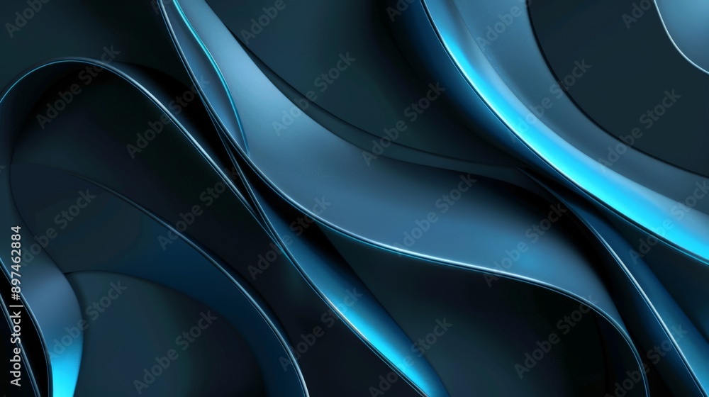Poster modern and elegant design featuring abstract dark blue background with wavy shapes and reflections