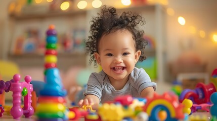 Adorable Toddler Joyfully Playing with Colorful Toys in Warm,Bright Indoor Setting