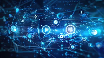 Fototapeta premium An abstract digital background with a blend of medical icons and neural networks, symbolizing the intersection of healthcare and artificial intelligence in modern medical research and treatment