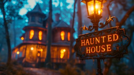 “HAUNTED HOUSE”  sign - Halloween - dusk - sundown - spooky scary - decorated 