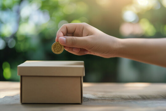A close-up of a hand putting a coin in a donation box with a green background