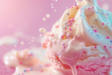 Melting ice cream sundae, nostalgic summer treat, with copy space