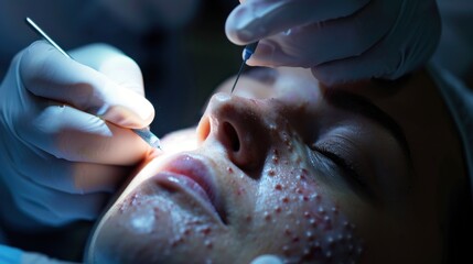 A high-definition image of a dermatologist performing a biopsy on a skin lesion, showing the detailed tools, the precision of the procedure, and the importance of early skin cancer detection