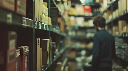 Fototapeta premium Blurred image of organized shelves and storage items in a warehouse or