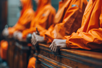 Close-up of the hands of defendants in orange jumpsuits sitting in a courtroom, symbolizing the legal and judicial process
