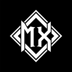 MX Letter logo abstract shield shape with square white outline on black background template