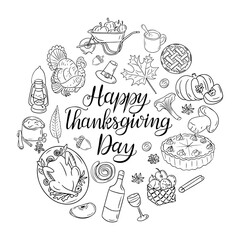 Thanksgiving doodle composition with calligraphic lettering in round. Monochrome vector contour stickers with food and related items isolated on white background. Could be used for coloring pages