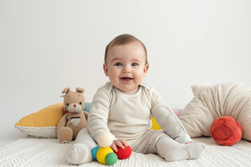 indian cute fair baby sitting on a floor smiling looking directly at the camera, surrounded by cushions