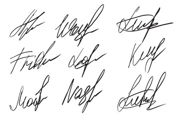 Set of handwritten signatures. Fake signatures for a business contract. Handwriting autograph set. Personal fictional signature calligraphy inscription. Write an imaginary document name