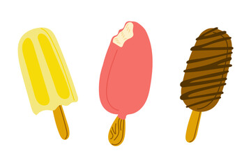 Cold Ice creams on sticks in flat style. Summer vacation vector illustration with fruit, chocolate and glazed ice cream isolated on white background. Good for decoration, stickers and logo