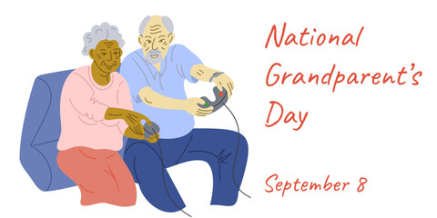 American National Grandparents day banner with senior diverse couple playing video games. Vector flat hand drawn illustration. Template for background, banner, card, poster with text inscription