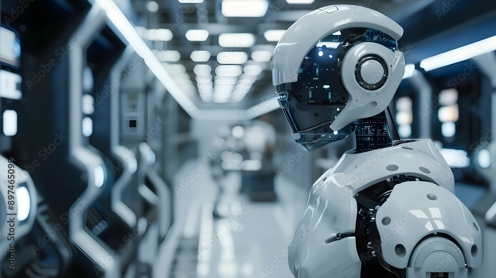 Leinwandbilder A sophisticated humanoid robot in a high-tech laboratory setting, showcasing cutting-edge artificial intelligence and robotics technology.