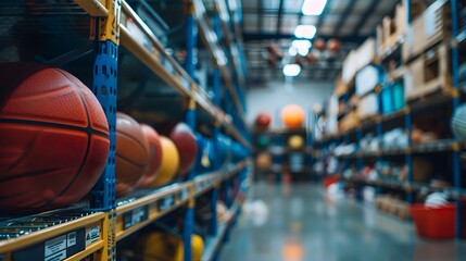 Blurry Storage Room with Sports Equipment Organized on Shelves