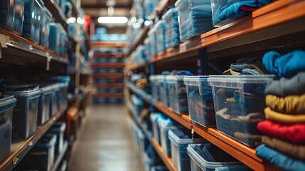 Organized Storage Room with Plastic Bins Containing Clothing on Shelves
