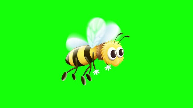 Cartoon bee flying on a green chroma key background