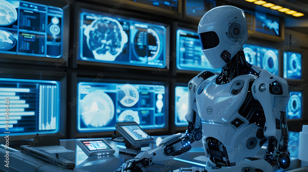 Fototapete a humanoid robot in an advanced control center, surrounded by multiple screens displaying complex da