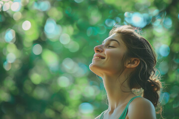 athletic girl on the right breathing a sigh of relief and smiling. Forest green and easy blue background