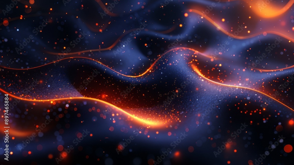 Poster dynamic abstract waves with energetic glow and particles, perfect for digital and creative projects.