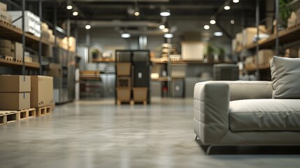 Defocused View of a Vast Warehouse with Stored Furniture and Appliances for Commercial Use
