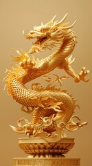 Fototapeta premium A gold dragon statue with a long tail and a mouth open