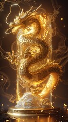 Fototapeta premium A gold dragon is inside a glass container