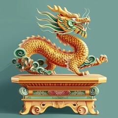 Fototapeta premium A gold and green dragon is standing on a pedestal