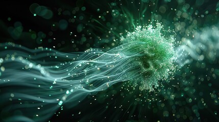 Glowing 3D Holographic Visualization of Cellular Life with Green and White Light Lines on Dark Background