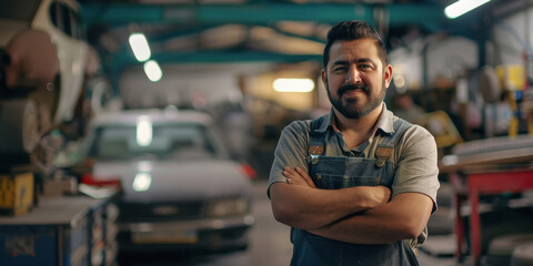 Obraz premium male mechanic standing with his arms crossed, smiling wearing grey overalls and a black shirt
