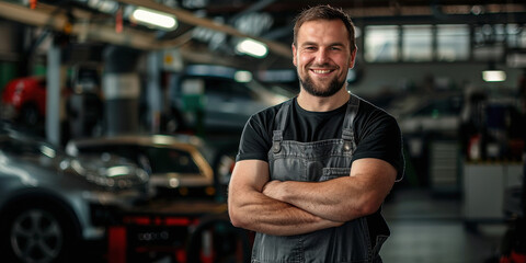 Obraz premium male mechanic standing with his arms crossed, smiling wearing grey overalls and a black shirt