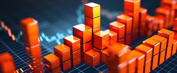 Close-up of 3D orange blocks creating a rising stock chart, representing business success, on a dark blue background.
