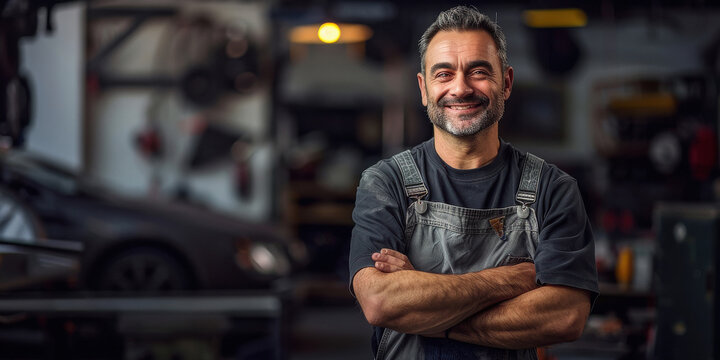 male mechanic standing with his arms crossed, smiling wearing grey overalls and a black shirt