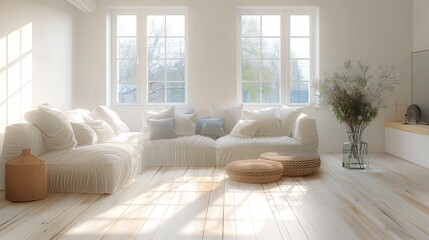 White walls, light colored wooden flooring, and a large white window behind the sofa create a bright and soft interior. The overall style is simple. Generative AI.