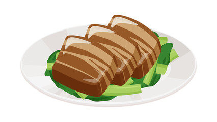 お皿に盛り付けた角煮のイラスト_明るい