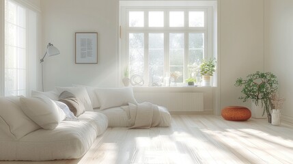 Fototapeta premium White walls, light colored wooden flooring, and a large white window behind the sofa create a bright and soft interior. The overall style is simple. Generative AI.