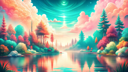 Fototapeta premium Abstract Fantasy Forest on the Shore of a Mysterious Lake with Soft Pastel Colors, Dreamy and Serene Atmosphere, AI Generation