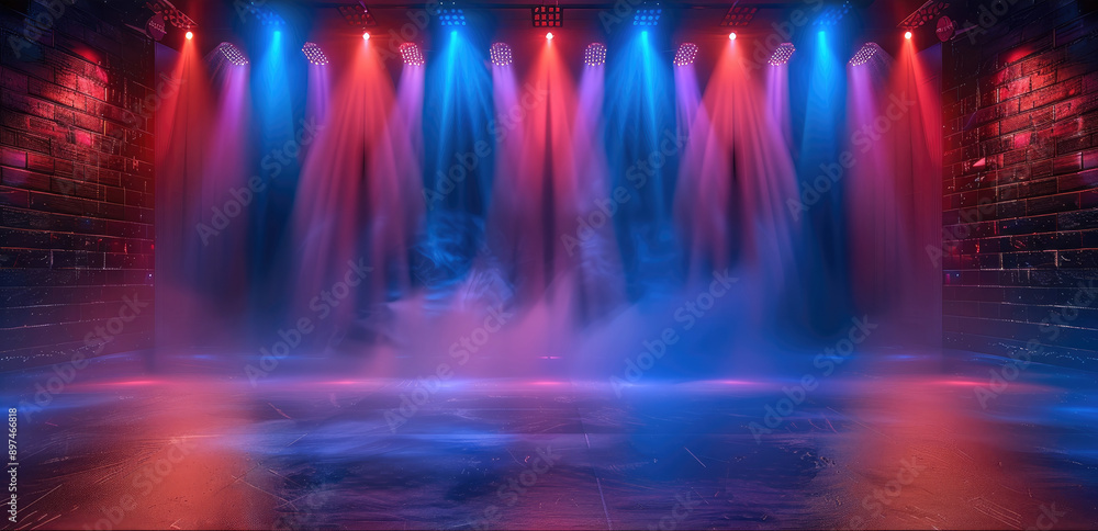 Poster illuminated stage with dramatic blue and red lighting and spotlights, ideal for performances or even